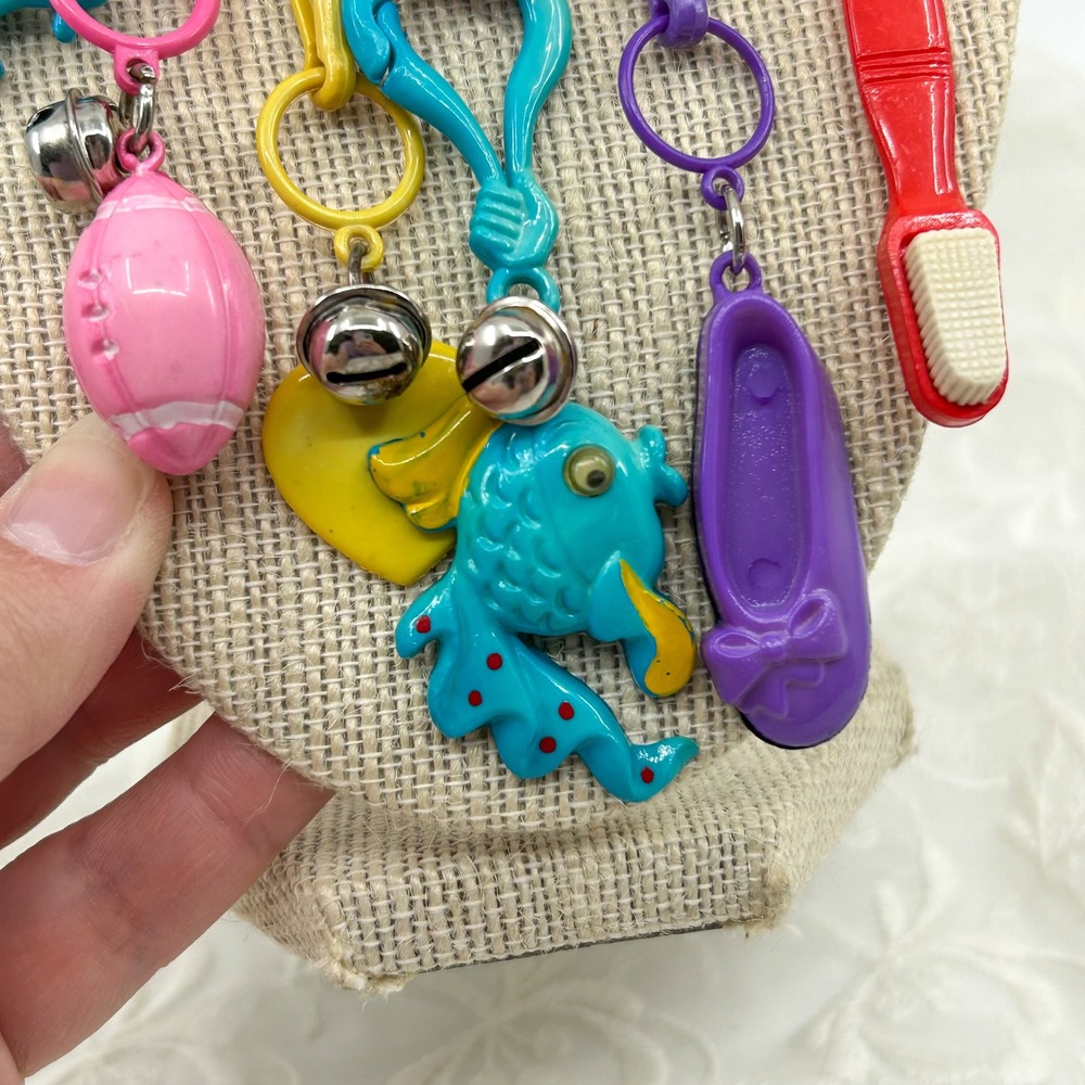 Vintage 80s Plastic Charms Clip and Bell Necklace Pink Chain Funky Colorful Toy - Picture 6 of 13